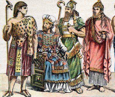 Uskonnolliset puvut antiikin aikakaudella: g a d:sta muotokuva egyptiläisestä ylipapista, heprealaisesta ylipapista, Assyrian kuninkaasta virkavaatteissa ja foinikialaispapilta - Kaiverrus - Uskonnolliset puvut muinaisina aikoina: vasemmalta oikealle, e:n  tekijältä French School