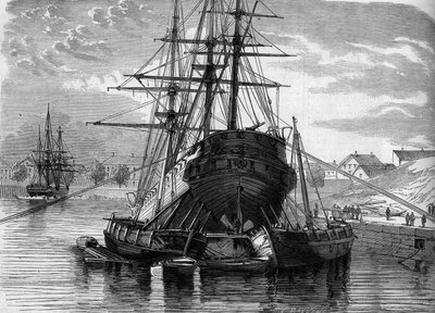 Laivan (höyrylaiva "Vera Cruz") korjaus: nostamme sen takaosan, jotta löydetään heliksi. 1863. Kaiverrus "" Le Monde Illustré" -julkaisussa nro 320, 30. toukokuuta 1863. tekijältä French School