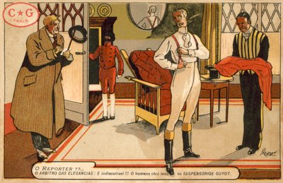 Toimittaja haastattelee pukeutuvaa herrasmiestä (chromolitho) tekijältä French School