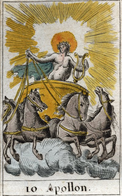 Laulun, musiikin ja runouden jumalan Apollon esitys hänen vaunuissaan (Apollo, valon, musiikin, runouden jumala). Pierre Blanchardin "Nuoruuden mytologiasta" vuodelta 1803. tekijältä French School