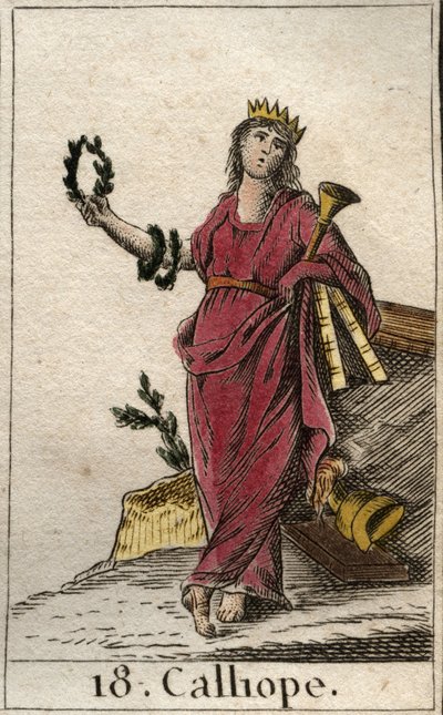 Esitys Calliopesta, eeppisen runouden museosta, hän pitää kädessään kruunua ja epopeen trumpettia (Representation of Calliope, Muse of sankarirunous). Pierre Blanchardin "Nuoruuden mytologiasta" vuodelta 1803. tekijältä French School