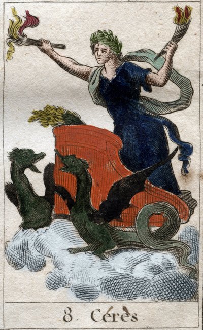 Ceresin esitys hänen vaunuissaan, maatalouden, sadonkorjuun ja fekondiittien jumalatar (Ceres, maatalouden, hedelmällisyyden jumalatar, esitetty kärryissä). Pierre Blanchardin kirjasta "Mythologie de la jeunesse" 1803. tekijältä French School