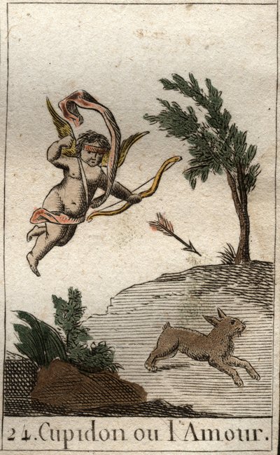 Kuvaus Amorista tai Amourista, Venuksen palvelijasta, lapsena sidottuina silminä, piirtäen nuolen (Amor, rakkauden jumala, lapsena sidottuina, piirtämällä nuolta). Pierre Blanchardin "Nuoruuden mytologiasta" vuodelta 1803. tekijältä French School