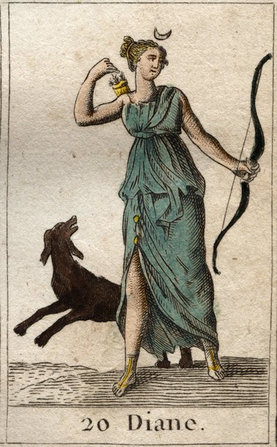 Dianan, metsästyksen jumalattaren, esitys, hänellä on jousi ja nuolet (metsästyksen jumalattaren Dianan esitys). Pierre Blanchardin "Nuoruuden mytologiasta" vuodelta 1803. tekijältä French School