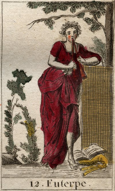 Esitys Euterpesta, musiikin museosta, nuottikirjojen ympäröimänä ja soittamassa kaksoishuilua (aulos) (Euterpe, musiikin muse, kuvaa pitelemässä kaksoishuilua (aulos)). Pierre Blanchardin "Nuoruuden mytologiasta" vuodelta 1803. tekijältä French School