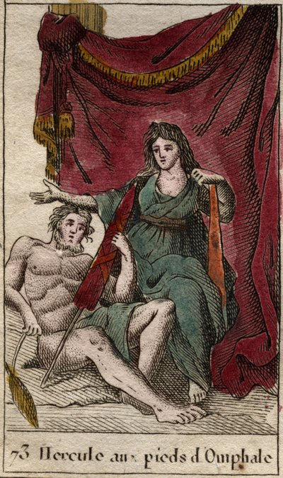 Esitys Herkulesta, Omphalen rakastajasta, venyttää a ses pieds, kädessään cenouille (Heracles (Hercules) makaa Omphalen jaloissa, johon hän on rakastunut, pitelee nastaa) Pierre Blanchardin teoksesta "Mythologie de la jeunesse" 1803. tekijältä French School