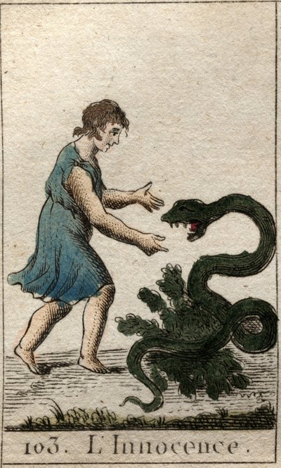Viattomuuden esitys lapsena, joka ruokkii vaarallista käärmettä. Pierre Blanchardin "Nuoruuden mytologiasta" vuodelta 1803. tekijältä French School