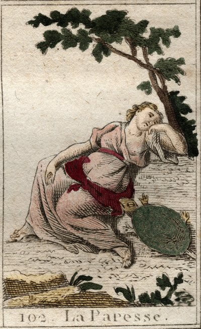 Edustus Lazinessista, yön ja unen tyttärestä nuorena miehenä kilpikonnan kanssa. Pierre Blanchardin "Nuoruuden mytologiasta" vuodelta 1803. tekijältä French School