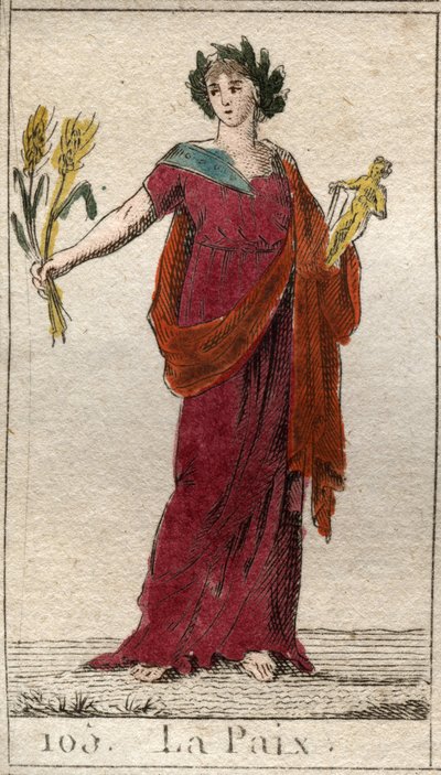 Rauhan esitys naisena, jolla on laakereiden kruunattu lyhde. Pierre Blanchardin "Nuoruuden mytologiasta" vuodelta 1803. tekijältä French School