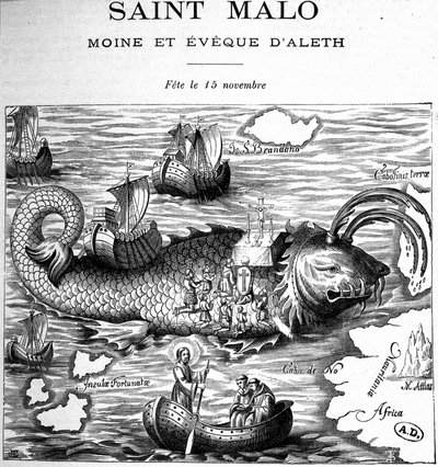 Saint Malon (Saint Macloun) esitys valaan selässä, jota Clonfert edustaa Saint Brendanin (Brandan) tai Clonfertin Breanainn (n. 484-577/578) tiellä - kaiverrus tekijältä French School