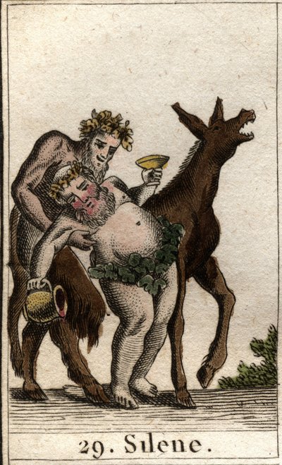 Silene, Bacchuksen seuralainen, humalassa, satyyrin tukemana. (Bacchus Silenuksen ystävä, humalassa, tukena nuori satyyri). Pierre Blanchardin "Nuoruuden mytologiasta" vuodelta 1803. tekijältä French School