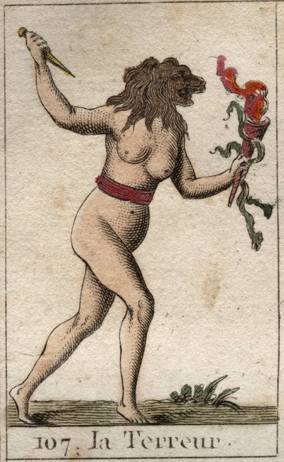 Terrorin esitys naisena, jolla on leijonan pää, jolla on veitsi ja käärmeitä. Pierre Blanchardin "Nuoruuden mytologiasta" vuodelta 1803. tekijältä French School