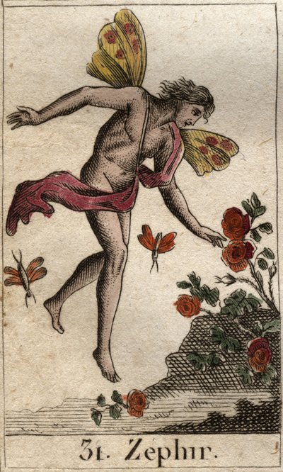 Edustus Zephyristä, länsituulen personifikaatiosta. (Zephyrus (tai Zephyr) länsituulen henkilöitymä). Pierre Blanchardin "Nuoruuden mytologiasta" vuodelta 1803. tekijältä French School