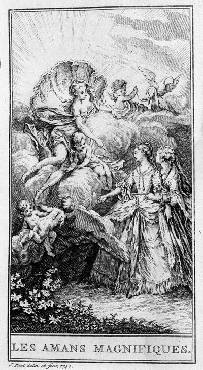 Esitys kohtauksesta Jean Baptiste Poquelin dit Molieren (1622-1673) kappaleesta "Les lovers magnificients" (1670). Kaiverrus vuodelta 1740. tekijältä French School