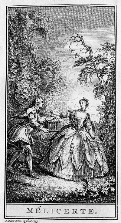 Esitys kohtauksesta Jean Baptiste Poquelin dit Molieren (1622-1673) kappaleesta "Melicerte" (1666). Kaiverrus vuodelta 1739. tekijältä French School