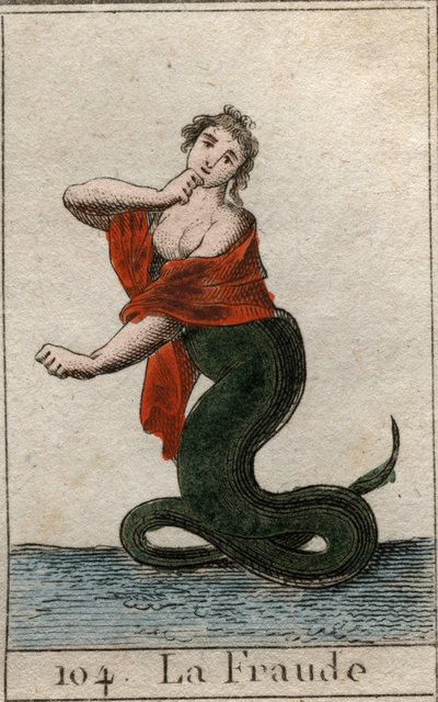 Pettäminen (epärehellisyys) vaarallisena käärmeenä, jolla on hymyilevä naisen pää). Pierre Blanchardin "Nuoruuden mytologiasta" vuodelta 1803. tekijältä French School