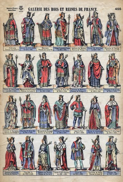 Edustus Ranskan kuninkaat ja kuningattaret Kapetian dynastiasta (Ludd VII:sta Kaarle VIII:aan). Kuvitus 1800-luvun lopulla. tekijältä French School
