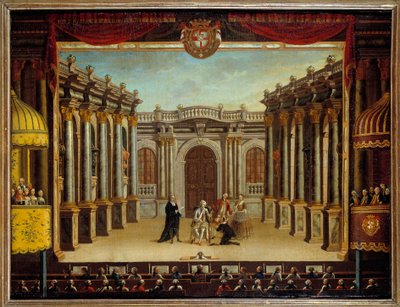 Jean Baptiste Poquelin dit Molieren (1622-1673) esitys "Imaginary Maladista" Minorca-teatterissa, Espanjassa; näkymä kohtauksesta. Anonyymi maalaus tekijältä French School
