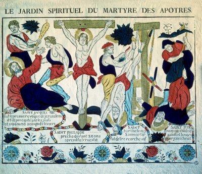 Apolisten marttyyrien Pyhän Jaakobin, Pyhän Filippuksen, Pyhän Barthelemyn ja Pyhän Juudaksen kuvaus" Kaiverrus 1800-luvulta. Pariisi, kansantaiteen ja perinteiden museo tekijältä French School