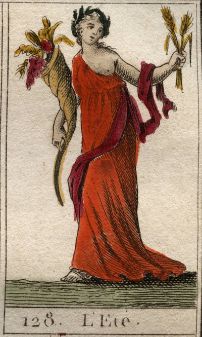 Kesäkauden esitys Ceresinä pitelemässä vehnäseppelettä ja runsauden sarvea. (Kesä edusti Ceres, jossa oli lehti ja runsaudensarvi). Pierre Blanchardin "Nuoruuden mytologiasta" vuodelta 1803. tekijältä French School