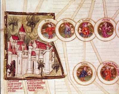 Nimrudin kaupungin (Kalkhu tai Kalhu tai Kalwakhum ja Kalakh) esitys sekä Labanin ja Rebecca Pagen suvun sukututkimus ranskalaisen koulukunnan käsikirjoituksesta "Genealogy de la Bible". 1300-luvun Cremone, biblioteca governativa tekijältä French School
