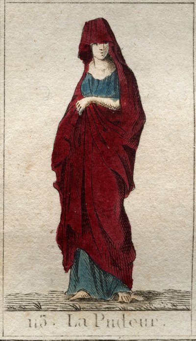 Edustus Modesty-jumalasta, nuoresta naisesta, jonka kasvot on peitetty hunnulla. (Piditysyyden esitys naisena, jolla on verhotut kasvot). Pierre Blanchardin "Nuoruuden mytologiasta" vuodelta 1803. tekijältä French School
