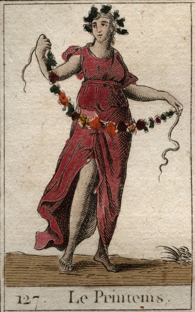 Kevätkauden esitys Floran linjojen alla pitämällä kukkaseppelettä. (Kevät edustaa Floraa, jolla on kukkaseppele). Pierre Blanchardin "Nuoruuden mytologiasta" vuodelta 1803. tekijältä French School