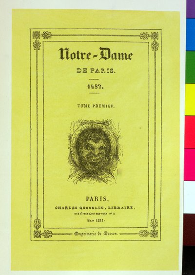 Victor Hugon (1802-85) vuonna 1831 julkaistun Notre-Dame de Parisin ensimmäisen painoksen etukannen jäljennös tekijältä French School