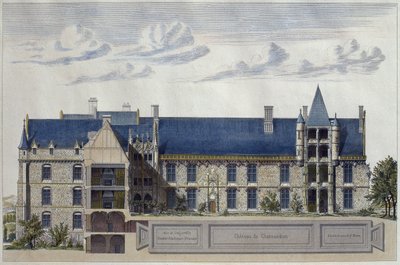 Chateau de Chateaudunin restaurointi, kuvitus Le Moniteur des architectesista, kaiverrus H. Penel (värikaiverrus) tekijältä French School