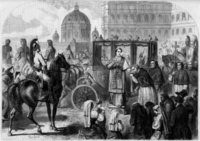 Paavi Pius IX:n (1792-1878) paluu Roomaan. Kaiverrus teoksessa "The Illustrous World" nro 65, 26. kesäkuuta 1858. tekijältä French School
