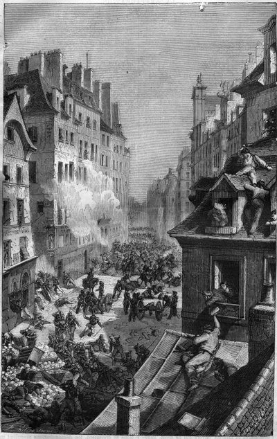 Vuoden 1830 vallankumous: taistelu faubourgissa Saint Antoine. Kaiverrus Maurice Lachatren teokseen "Paavien-kuninkaiden-kuningattaren ja keisarien historia vuosisatojen ajan" tekijältä French School