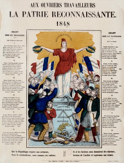 Vuoden 1848 vallankumous ja toisen tasavallan syntymä: manifesti ja laulu nimeltä "Työläisille kiitollinen kotimaa"", työläiset tervehtivät Republiquea. 1848 Pariisi, Musee Carnavalet tekijältä French School