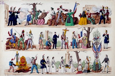 Helmikuun 1848 vallankumous: helmikuun 23. päivän kansannousun suuret hetket, barrikadit, sitten sotilaiden, työläisten ja porvarien välinen veljestyminen, Ludvig Philippe I:n (Louis-Philippe) vallan symbolien tuhoaminen ja lopulta tekijältä French School