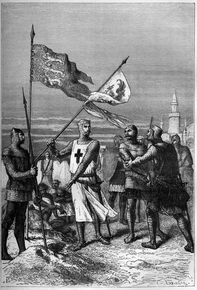 Richard Coeur de Lion tai Richard I Leijonasydän (1157-1199) Englannin kuningas, näkyy poistamassa arkkiherttua Leopold V:n lippua, Itävallan herttua - kaiverrus "L