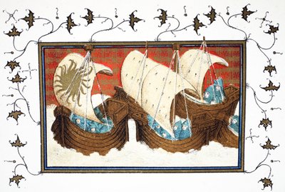 Richard IIs ja hänen laivastonsa laskeutuva Milford Haven, faksikopio Jean Cretonin Le Prinse et Mort du Roy Richartista, uusintapainos 1800-luvulta tekijältä French School