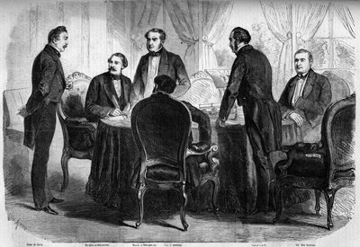 Risorgimento - Zürichin sopimus - 10. marraskuuta 1859: Ranskan, Itävallan ja Sardinian täysivaltaiset edustajat allekirjoittivat Zürichin sopimuksen. Itävallan on luovuttava Lombardia Italialle. Kaiverrus "" Le Monde Illustré" -julkaisussa nro 136, 19. ma tekijältä French School