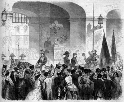 Risorgimento, Napoli, 7. marraskuuta 1860: Italian kuninkaan Victor Emmanuel II (Victor-Emmanuel) (Vittorio Emanuele) (1820-1878) sisäänkäynti Napolin kuninkaalliseen palatsiin sen jälkeen, kun väestö äänesti Napolin liittämisestä Italian kuningaskunta tekijältä French School
