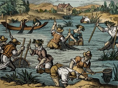 River Fishing, vuodelta 1584 (kaiverrus) tekijältä French School
