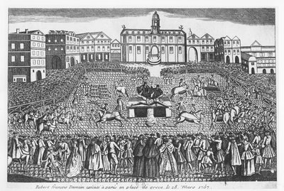 Robert-Francois Damiens teloitettiin Place de Grèvellä Pariisissa 28. maaliskuuta 1757 tekijältä French School