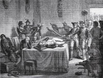 Robespierre odottaa teloitusta ampuen itseään leukaan vuonna 1794 tekijältä French School