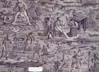 Robinson Crusoe, F. Pietersin suunnittelema, n. 1815-20 (rullapainettu puuvilla) tekijältä French School