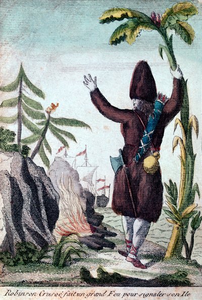 Robinson Crusoe tekee tulen kiinnittääkseen huomion saarelleen, Imagerie Basset (värikaiverrus) tekijältä French School