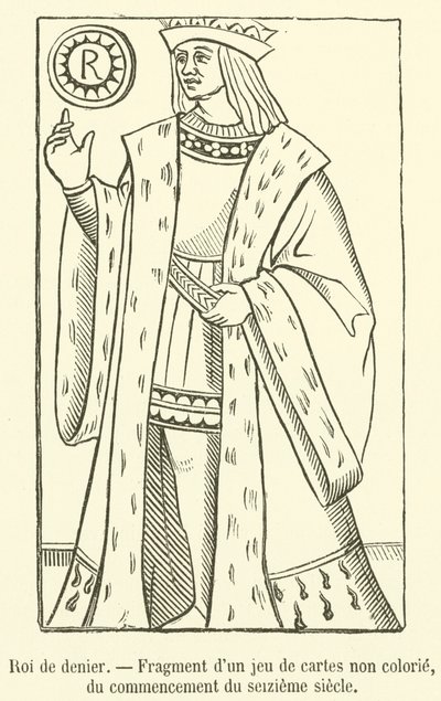 Pentacles kuningas, fragmentti värittömästä korttipakasta, 1500-luvun alusta (kaiverrus) tekijältä French School
