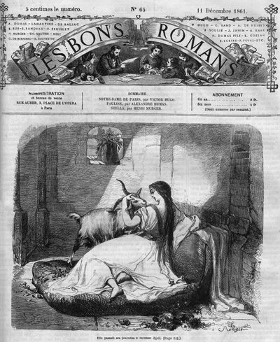 Roomalainen sarja: "" Notre Dame de Paris"", kirjoittanut Victor Hugo (1802-1885). Esmeralda ja vuohi. Kaiverrus "" Les bons romances"" tekijältä French School