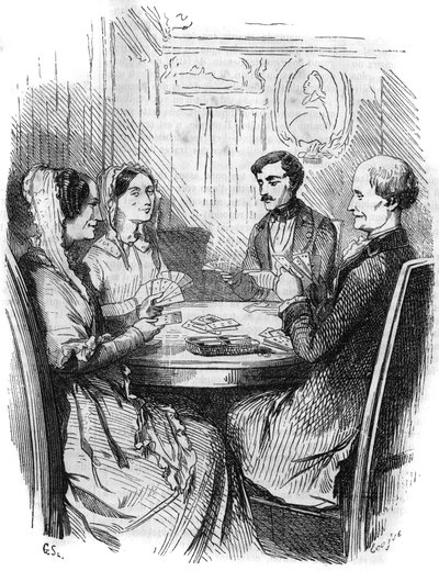 Roomalainen sarja: "" Monte Criston kreivi"" (Monte-Cristo), kirjoittanut Alexandre Dumas (1802-1870). Neljän hahmon välinen korttipeli. Kaiverrus "" Les bons romances"" tekijältä French School