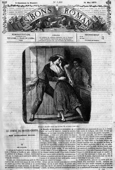 Roomalainen sarja: "" Monte Criston kreivi"" (Monte-Cristo), kirjoittanut Alexandre Dumas (1802-1870). Seksikohtaus Edmond Dantesin ja Mercedeksen välillä. Kaiverrus "" Les bons romances"" tekijältä French School