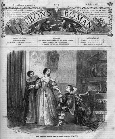 Roomalainen sarja: Alexandre Dumas Peren (1802-1870) "Kolme muskettisoturia". Anne of Austria (1601-1666) lahjoittaa Buckinghamin herttualle (Georges Villiers) laatikon, jossa on hänen timanttifrettinsä. Kuva luvusta XII. Kaiverrus "" Les bons romances -ki tekijältä French School
