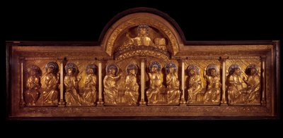 Romaaninen taide: Helluntai alttaritaulu: antependium puusta, kuparista ja emalista. Stavelotista (Maas) Noin 1160-1170. Pariisi, Keskiajan kansallismuseo, Thermes de Cluny tekijältä French School