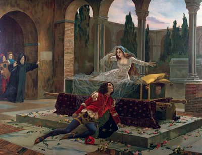 Romeo ja Julia -kohtaus Charles Gounodin (1818-1893) Romeo ja Julia -oopperasta. noin 1880. tekijältä French School