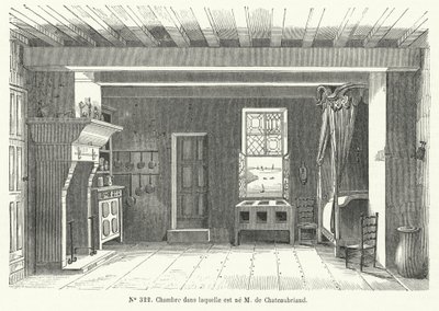 Huone Hotel de Francessa Bretagnen St Malossa, jossa ranskalainen kirjailija ja poliitikko Francois-Rene de Chateaubriand syntyi (kaiverrus) tekijältä French School